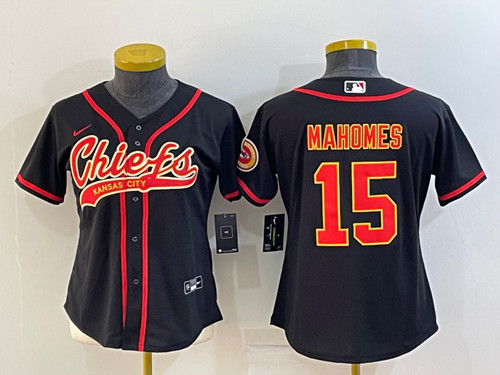 Women's Kansas City Chiefs #15 Patrick Mahomes Black With Patch Cool Base Stitched Baseball Jersey(Run Small)